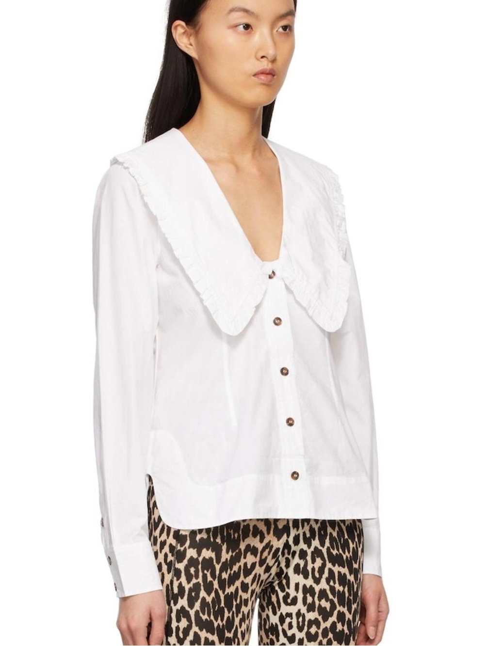Ganni White Ruffled Exaggerated Collar Button-Down Blouse